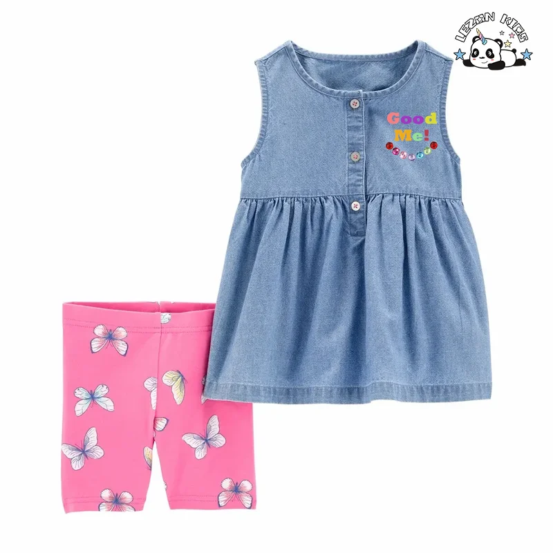 LEZONKIDS - Girls Denim Set Butterfly Legging Shorts Sleeveless OEM Denim Top Toddler Girls Clothing Sets Summer